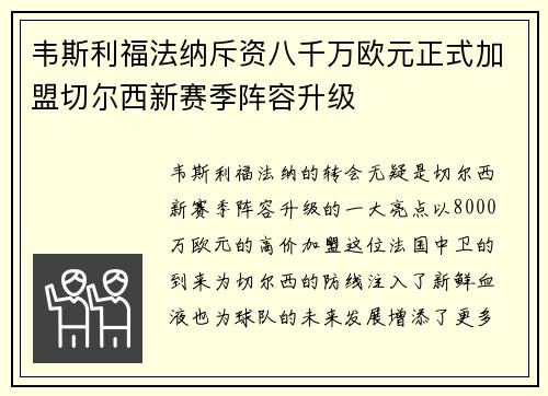韦斯利福法纳斥资八千万欧元正式加盟切尔西新赛季阵容升级