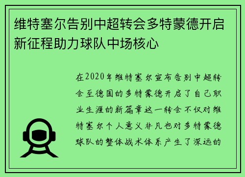 维特塞尔告别中超转会多特蒙德开启新征程助力球队中场核心 维特塞尔告别中超转会多特蒙德开启新征程助力球队中场核心